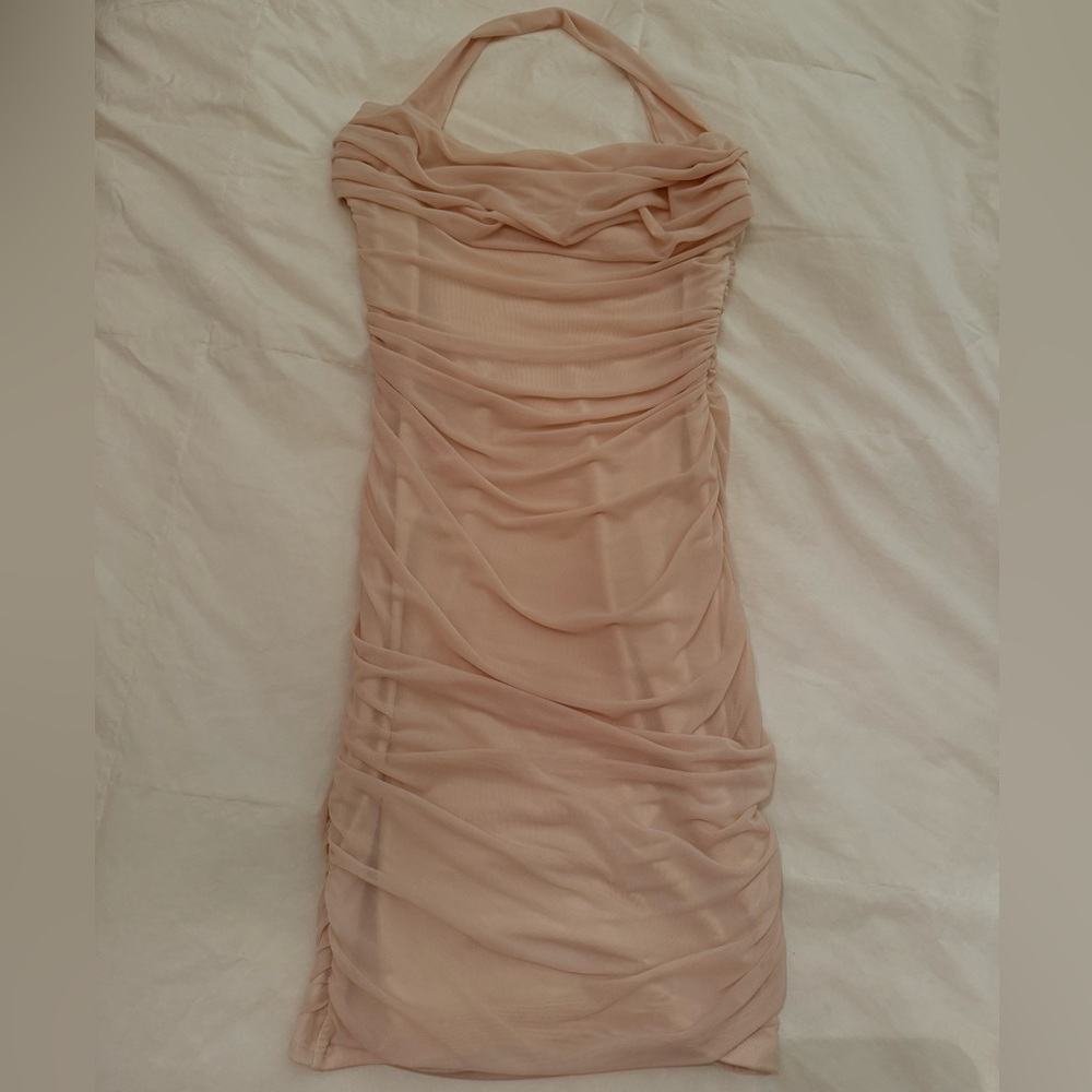 Oh Polly Cream Ruched Halter Bodycon Dress